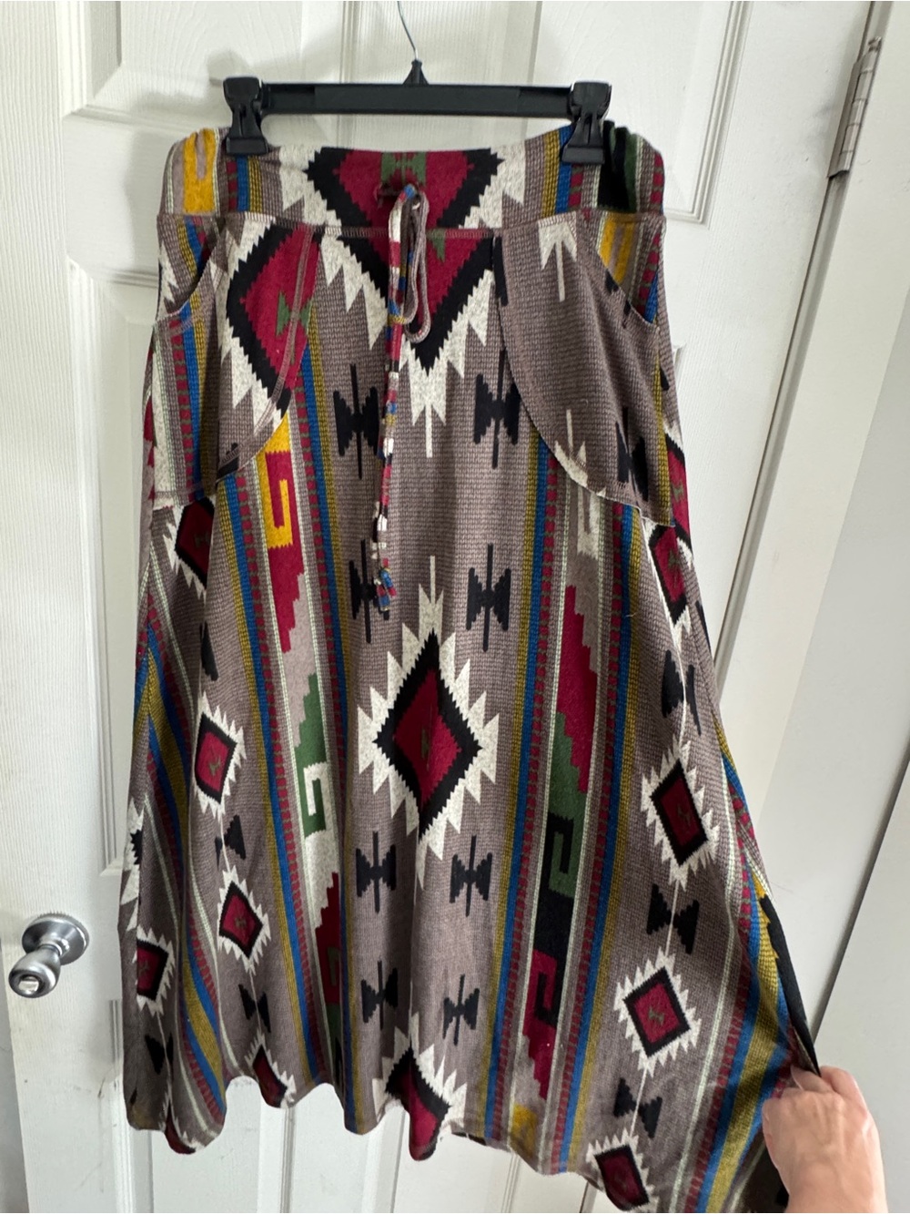 Bohemian Southwestern Aztec Print Midi Skirt in Taupe and Multi